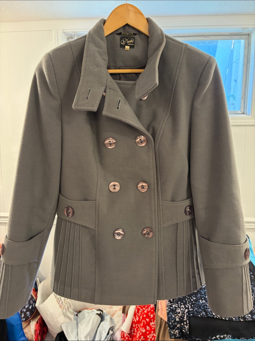 NAF NAF Women's Gray Double-Breasted Pea Coat